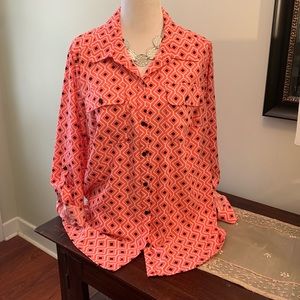 NWT Kim Rogers coral/navy long sleeve button down